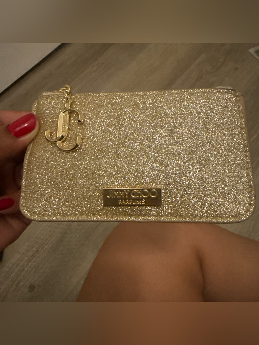 Jimmy Choo Gold Glitter Wristlet Clutch with JC Charm